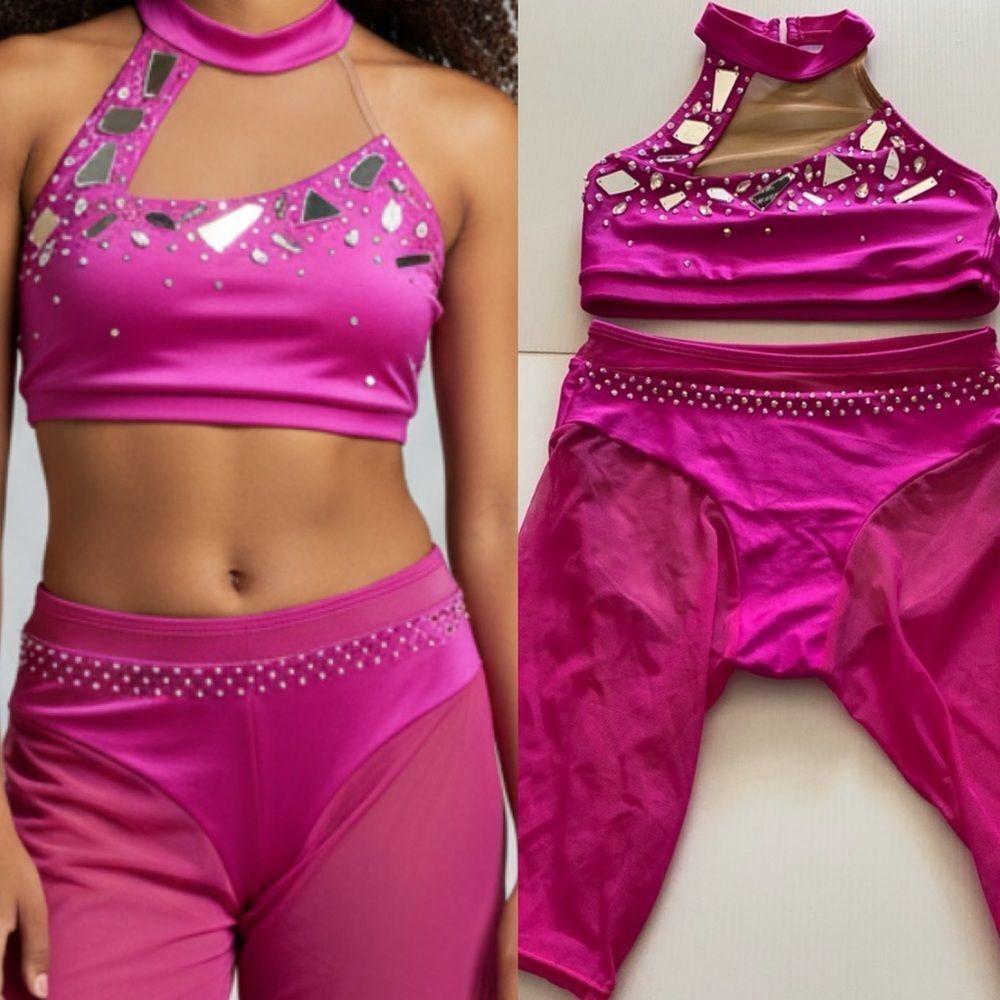 AA dance design costume solo custom hot pink Malfi Blossom 2 piece rhinestone SA